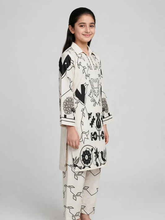 Girls White Printed Co Ord Set