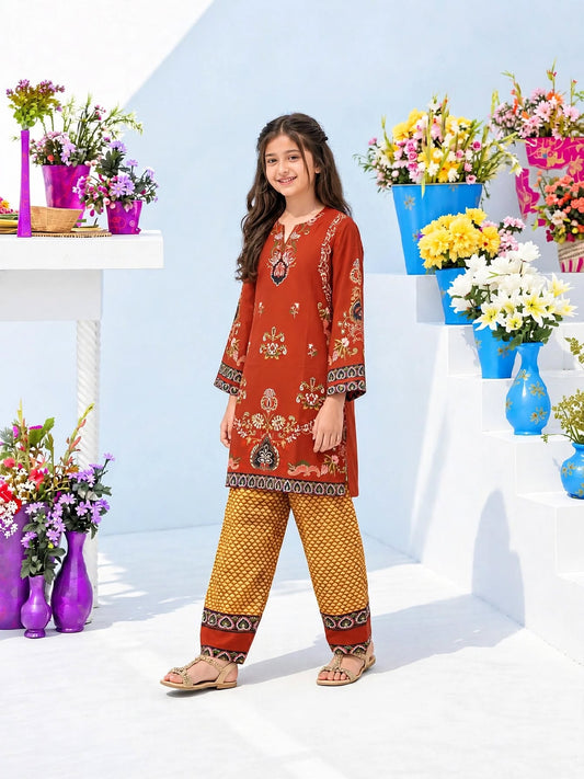 Girl wearing Amirah Rust Heritage rust red printed kurti with mustard yellow wide-leg trousers