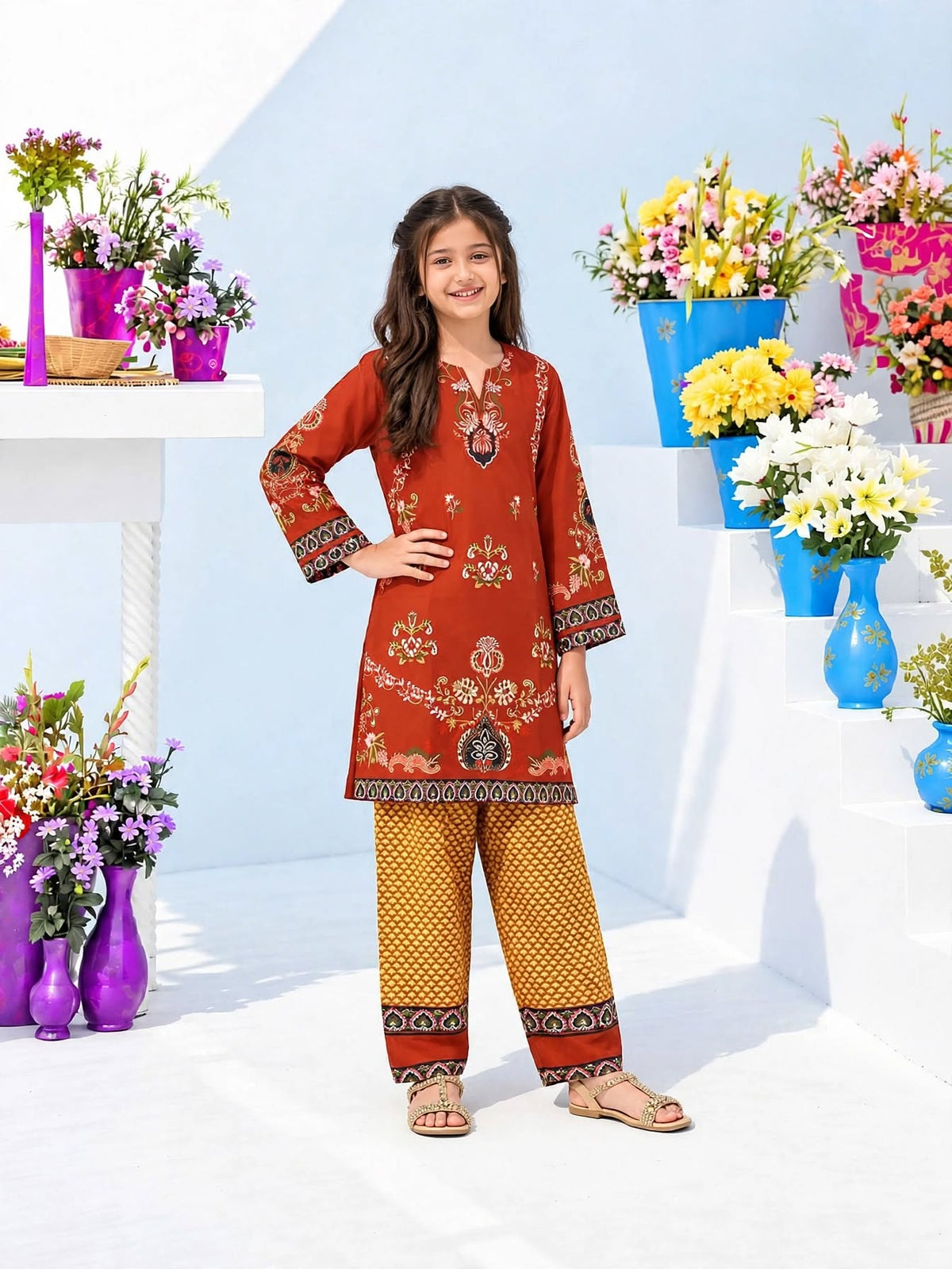 Girl wearing Amirah Rust Heritage rust red printed kurti with mustard yellow wide-leg trousers