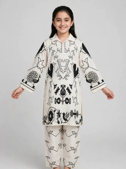 Girls White Printed Co Ord Set