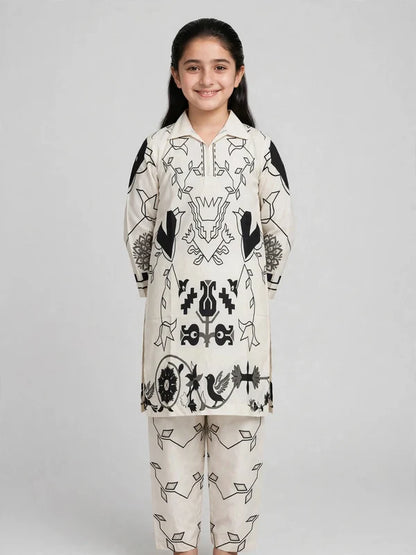 Girls White Printed Co Ord Set