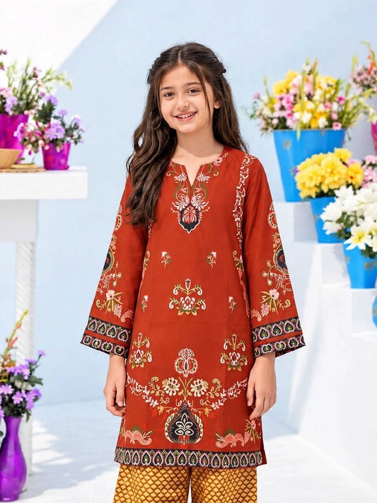 Girl wearing Amirah Rust Heritage rust red printed kurti with mustard yellow wide-leg trousers