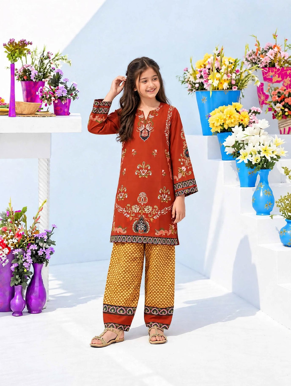 Girl wearing Amirah Rust Heritage rust red printed kurti with mustard yellow wide-leg trousers
